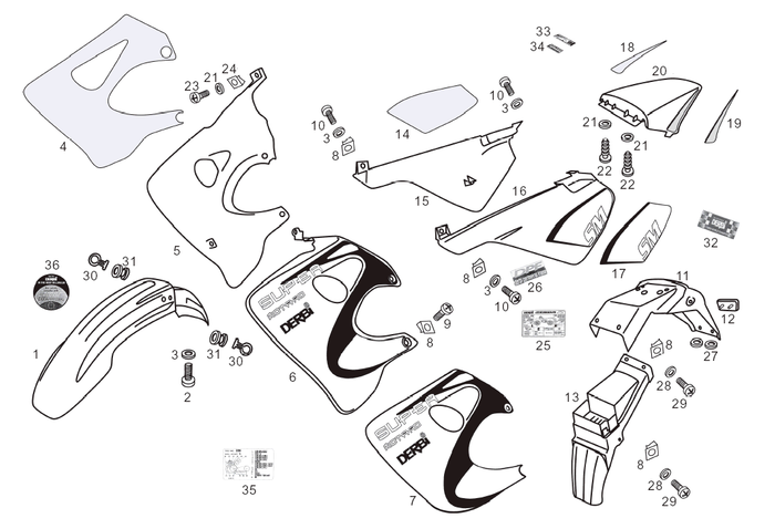 Derbi Senda SM 50 2T 2000-2001 – Voorspatbord Zijscherm Achterbeplating
