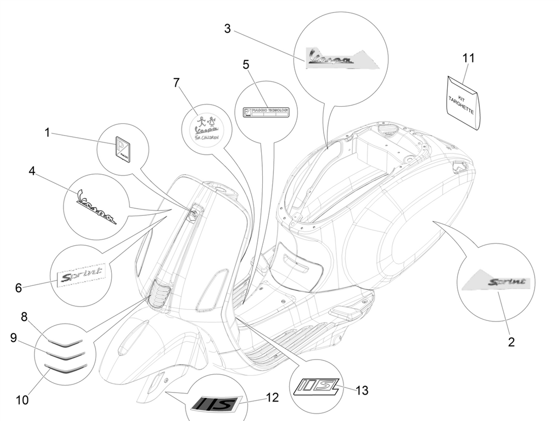 Vespa Sprint 50 4T 2V 25 kmh NOABS E2 2014-2017 – Stickers Emblemen